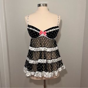 Victoria’s Secret Black White Pink Bows Polka Dot Babydoll Lingerie 36C